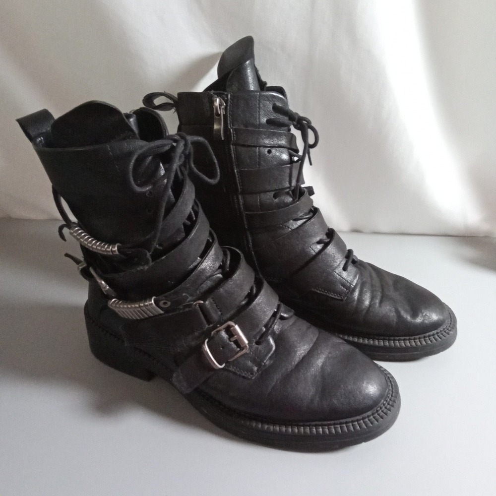 DKNY Womens Black Leather Multi Strap Buckle Combat Moto Boots K2231831 Size 9M